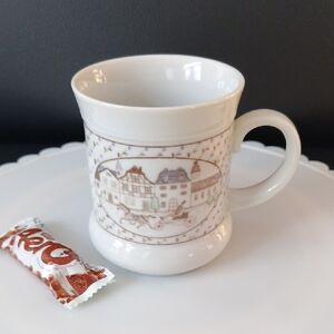 Vintage Charming Ceramic Village Scene Mug with Brown and Cream Motif